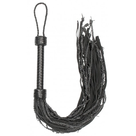 Черная многохвостая плетеная плеть Leather Suede Barbed Wired Flogger - 76 см.