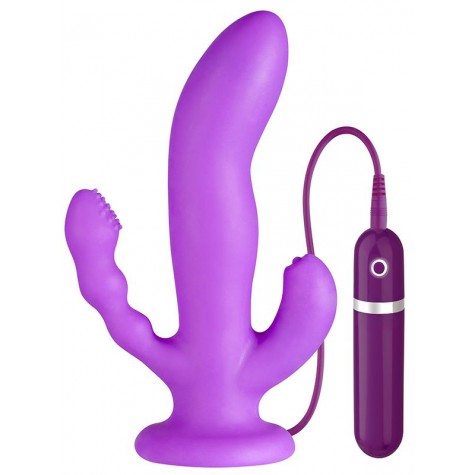 Фиолетовый вибратор с двумя дополнительными отростками PURRFECT SILICONE 3WAYS VIBRATOR 6.5INCH - 17 см.